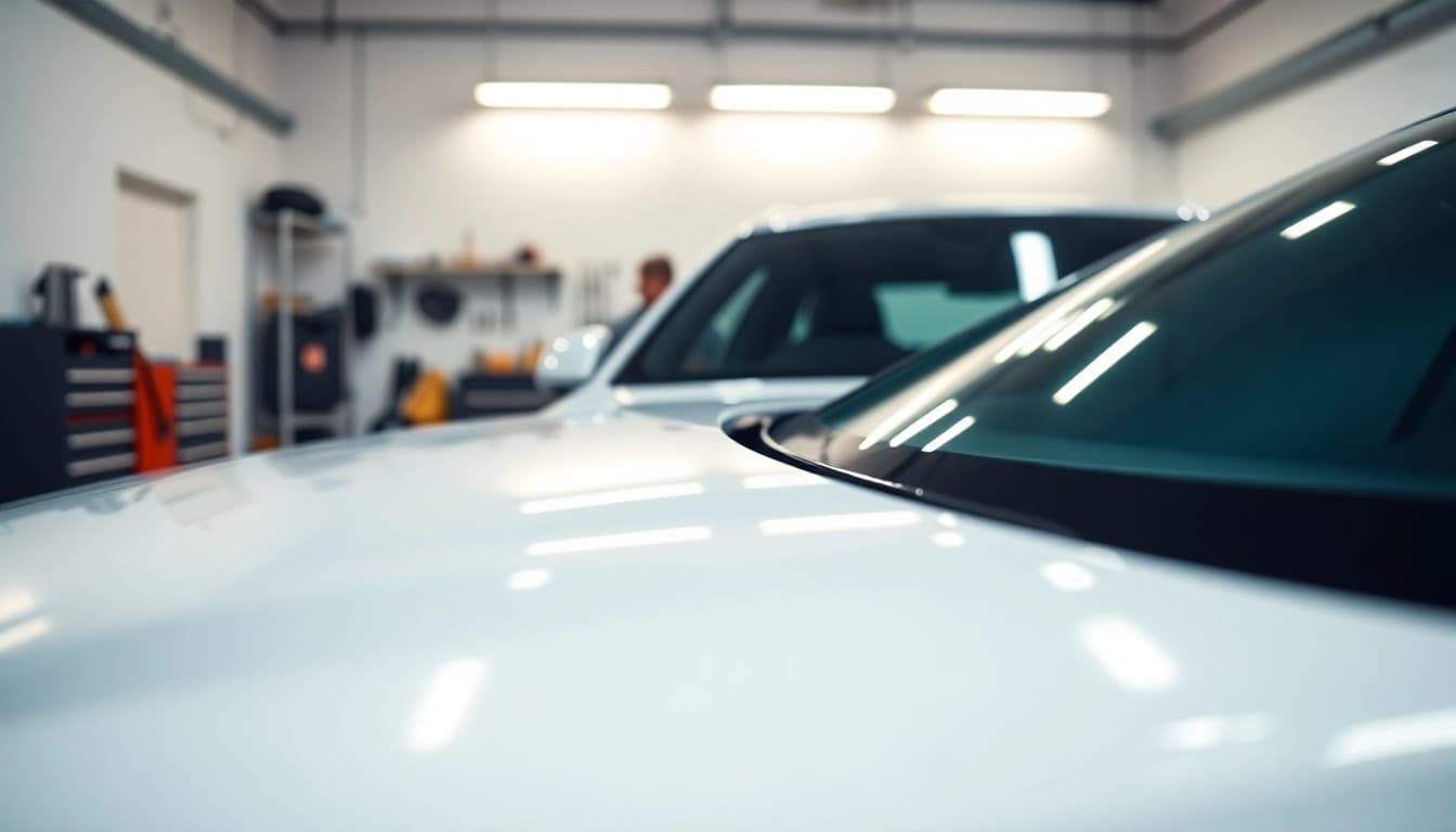 Apply paint protection film near me showcasing a professional installation with tools and a glossy finish.