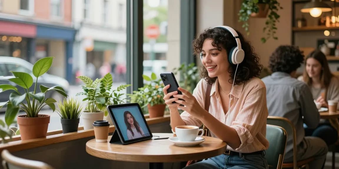 Woman enjoying a conversation with her AI girlfriend in a vibrant café, showcasing digital companionship.