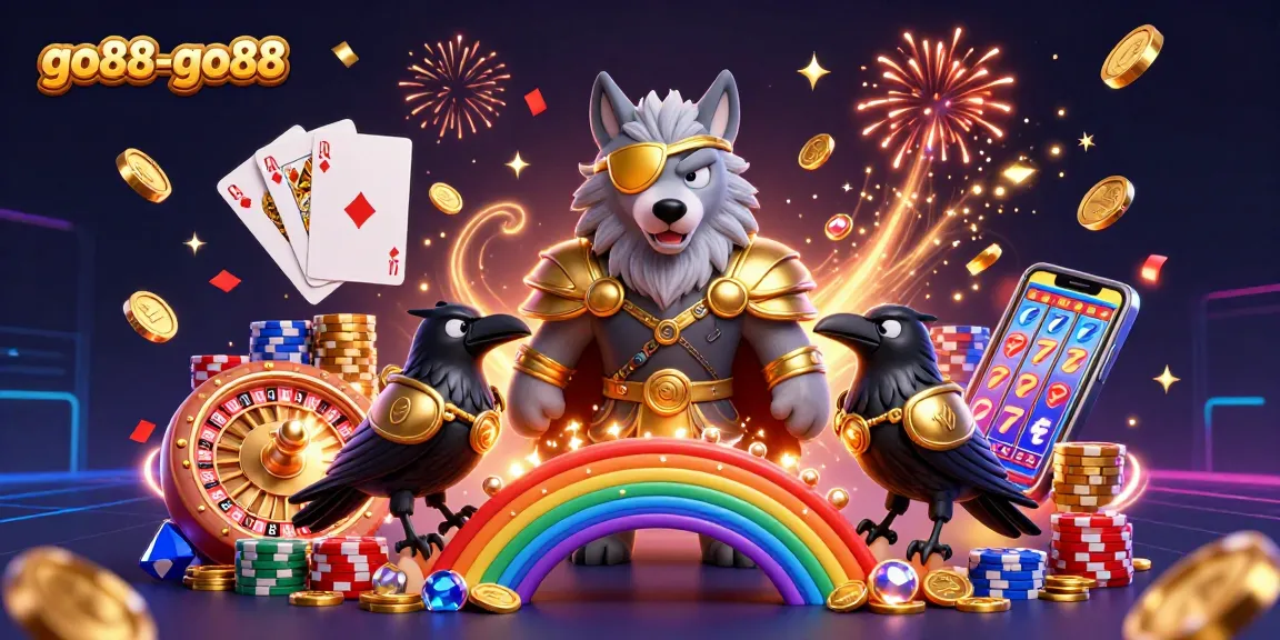 Exciting 3D illustration showcasing go88-go88 with casino-themed elements like roulette, poker chips, and Odin wolf.