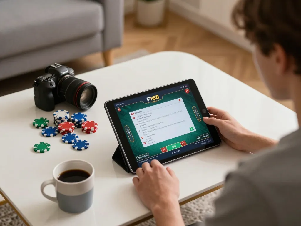Player using F168 tablet for an exciting poker game in a cozy setting, surrounded by chips and strategy notes.
