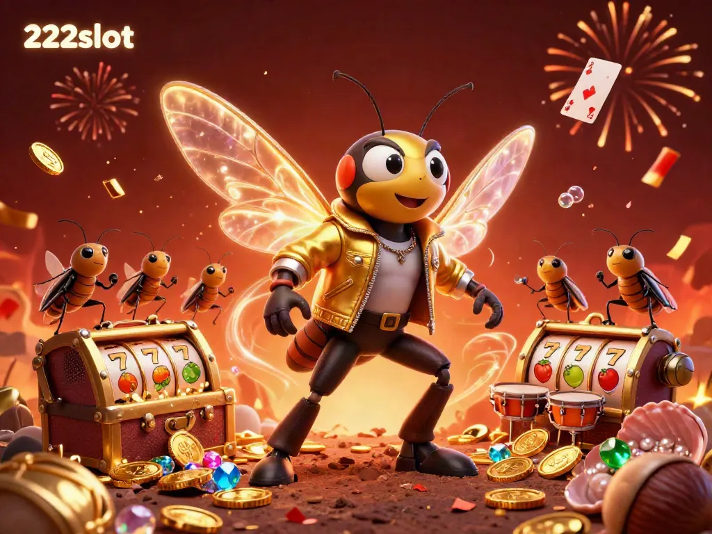 Kostum karakter rock 222slot yang menarik dikelilingi seni slot dan perayaan yang meriah.
