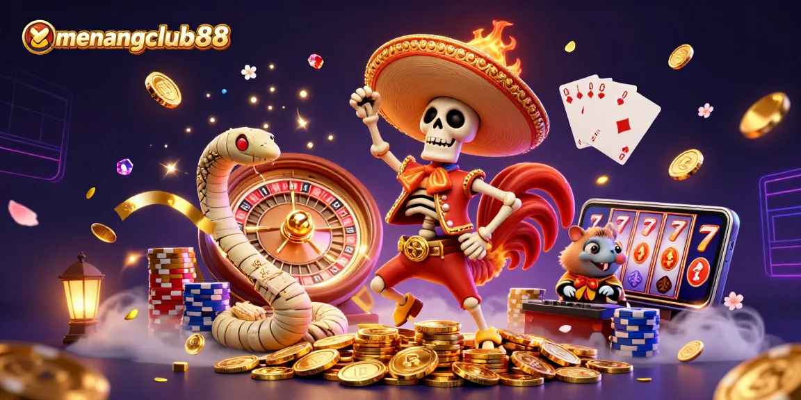 Join the excitement at menangclub88 with a festive celebration of casino luck featuring vibrant characters!