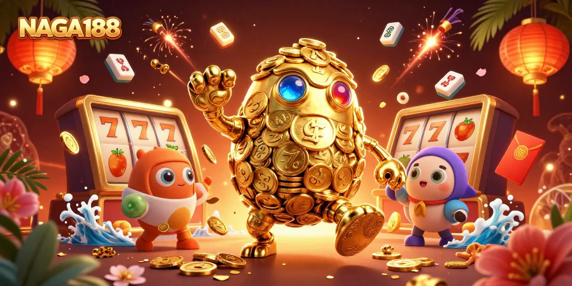 NAGA188 menyuguhkan ilustrasi kasino 3D dengan golem emas dan elemen permainan menarik.
