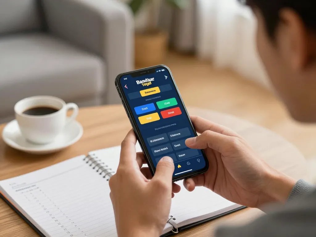 Pemain terlibat menggunakan aplikasi mobile untuk bandar togel di ruang tamu yang nyaman dengan strategi yang terlihat.