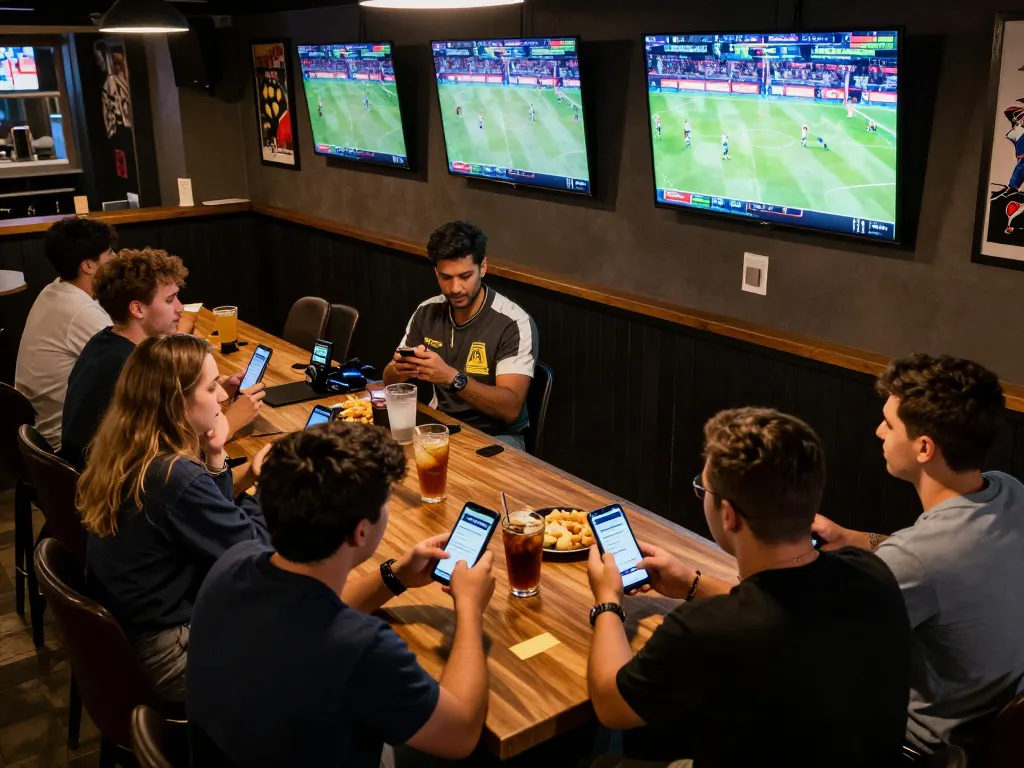 Fans engaging with the 8xbet app at a lively sports bar, capturing real-time betting excitement