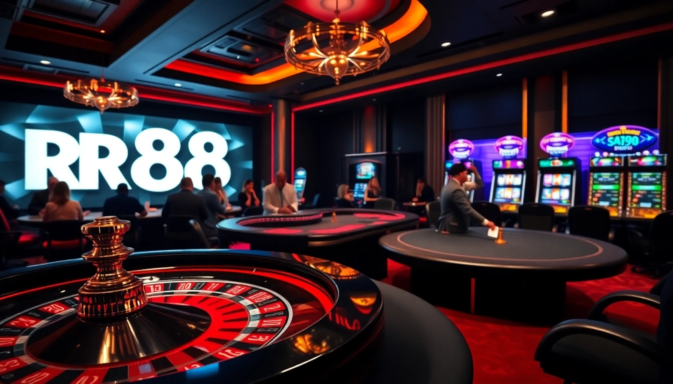 Players enjoying a thrilling game at RR88 casino with roulette and poker tables in vibrant lighting.