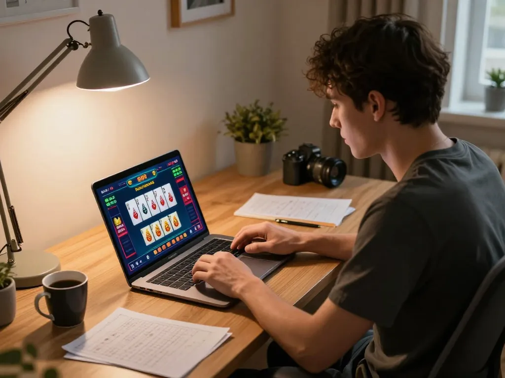 Engaged player enjoying go 88 gaming on a laptop, vibrant interface showcasing betting strategies.