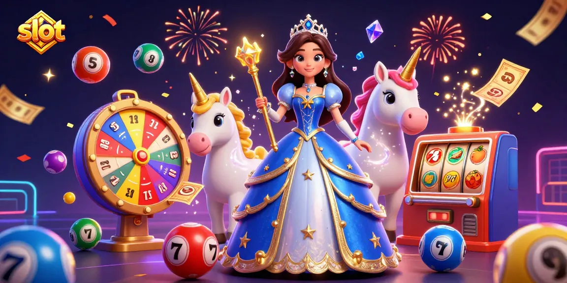 Spin the slot reels as a beautiful woman in blue ball gown celebrates with vibrant gambling elements.