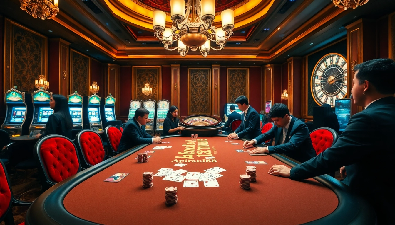 Apiraja88 poker players enjoying a high-stakes game with vibrant casino ambiance.