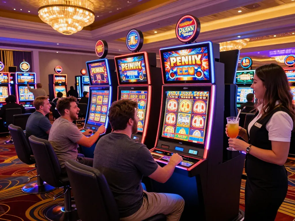 Excited casino patrons celebrating near a vibrant link slot machine, capturing the thrill of gambling.