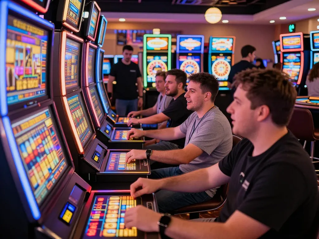 Players engaging with colorful slot machines at 33win casino, showcasing high-energy entertainment.