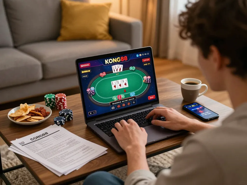 KONG88 gaming session on laptop at home with strategic notes and snacks, showing responsible gambling atmosphere