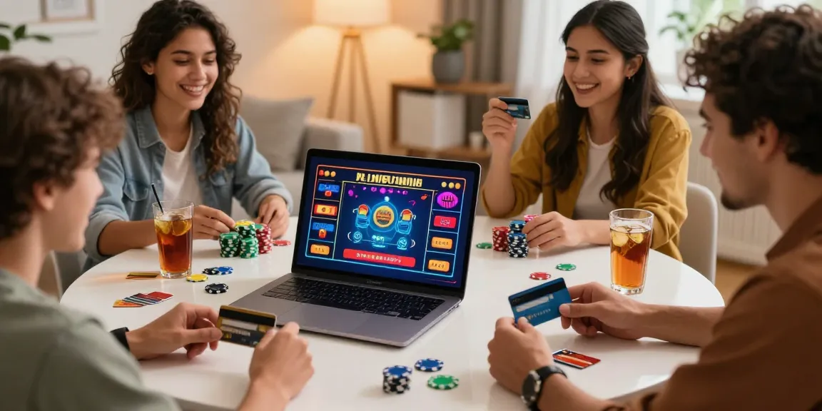 Friends enjoying gaming at the best casinos for credit cards with vibrant visuals and a lively atmosphere.