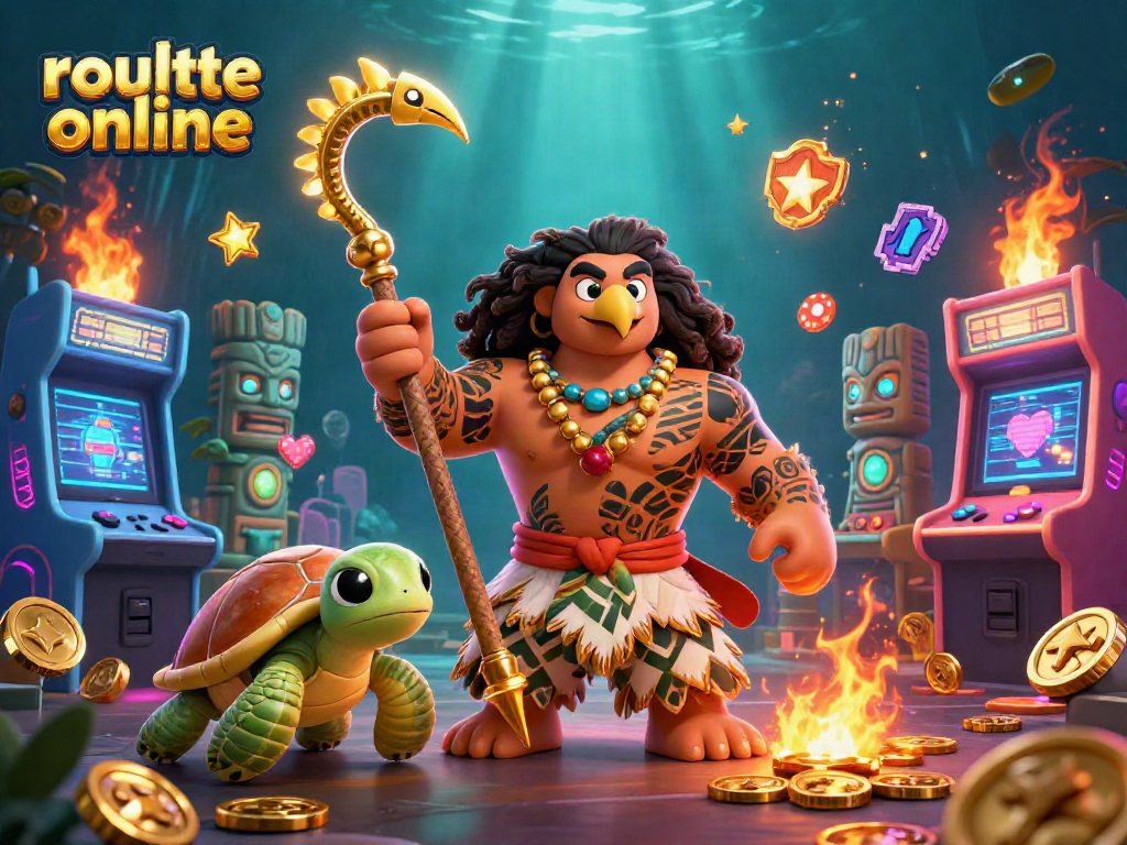 Experience thrilling roulette online action with a vibrant scene featuring a Polynesian demigod and arcade elements.