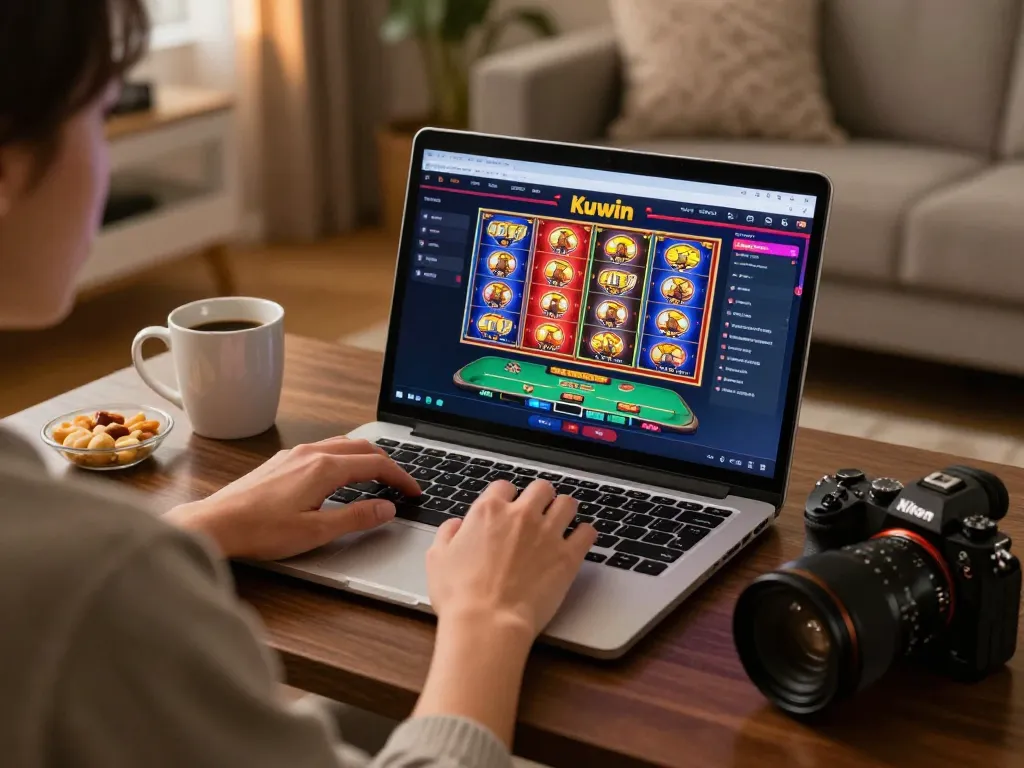 Kuwin player engaging in strategic gameplay on a laptop at home with vibrant gaming interface visible.