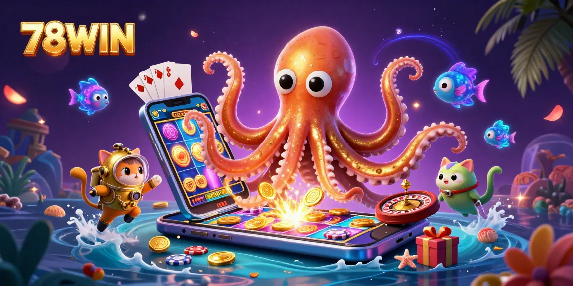Engage in thrilling action with 78WIN as kraken and diving cat explore vibrant gambling treasures.