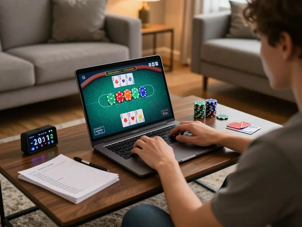 Engaging in online poker gaming at home with BK8, showcasing a stylish setup and strategic notes.