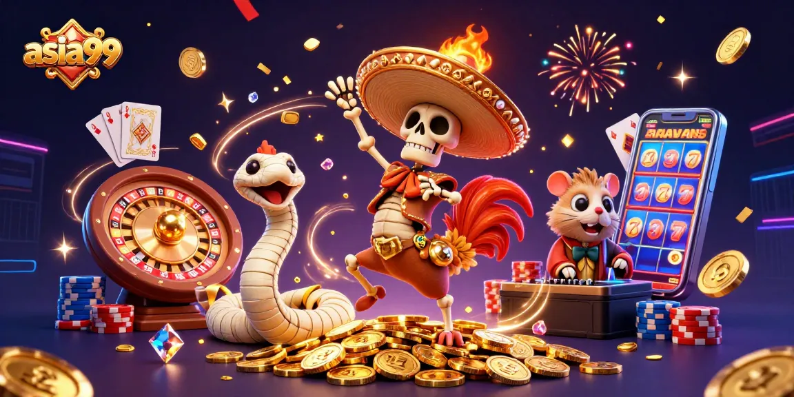 Experience thrilling wins with asia99 in this vibrant digital casino scene, featuring a dancing mariachi rooster.
