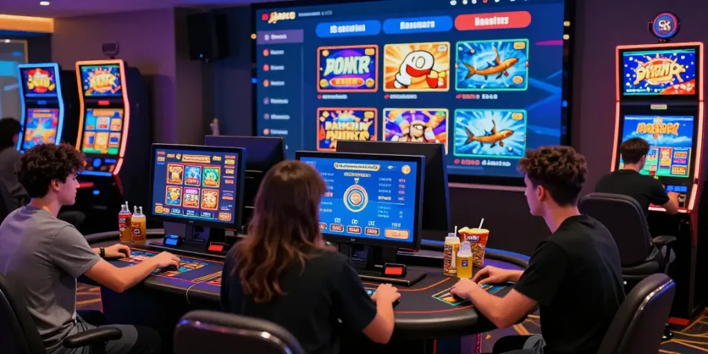 Players enjoying a lively gaming experience on the A80 platform, featuring various casino games and engaging social interactions.