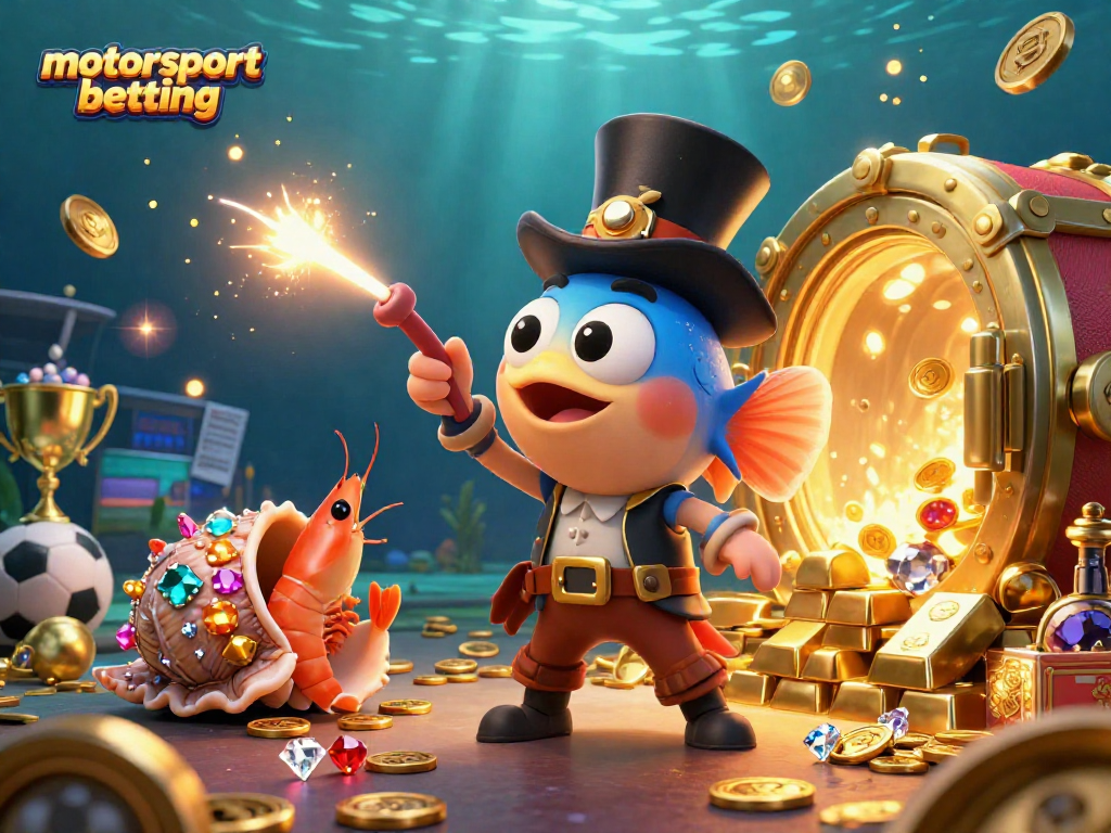 Engage in motorsport betting with a dynamic 3D scene featuring lucky characters and treasure.
