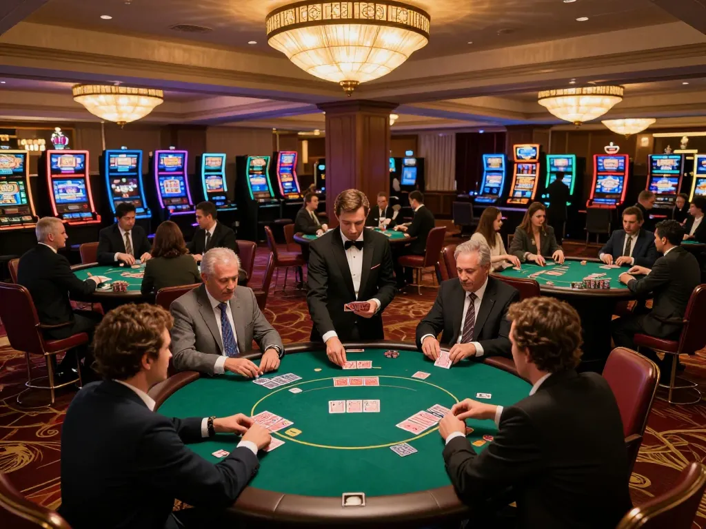 Players enjoy poker at xx88's upscale gaming tables, showcasing excitement and strategic gameplay.