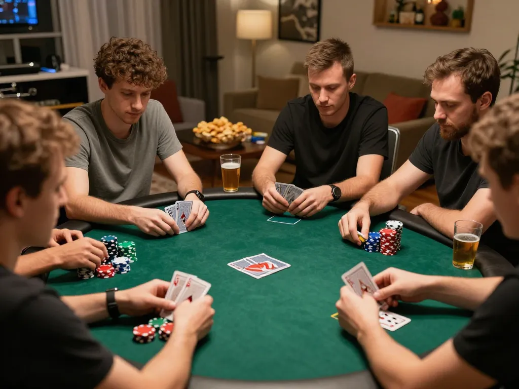 Engaging home poker game night showcasing friends playing Texas Hold'em with strategic moves at the table, promoting responsible gambling.