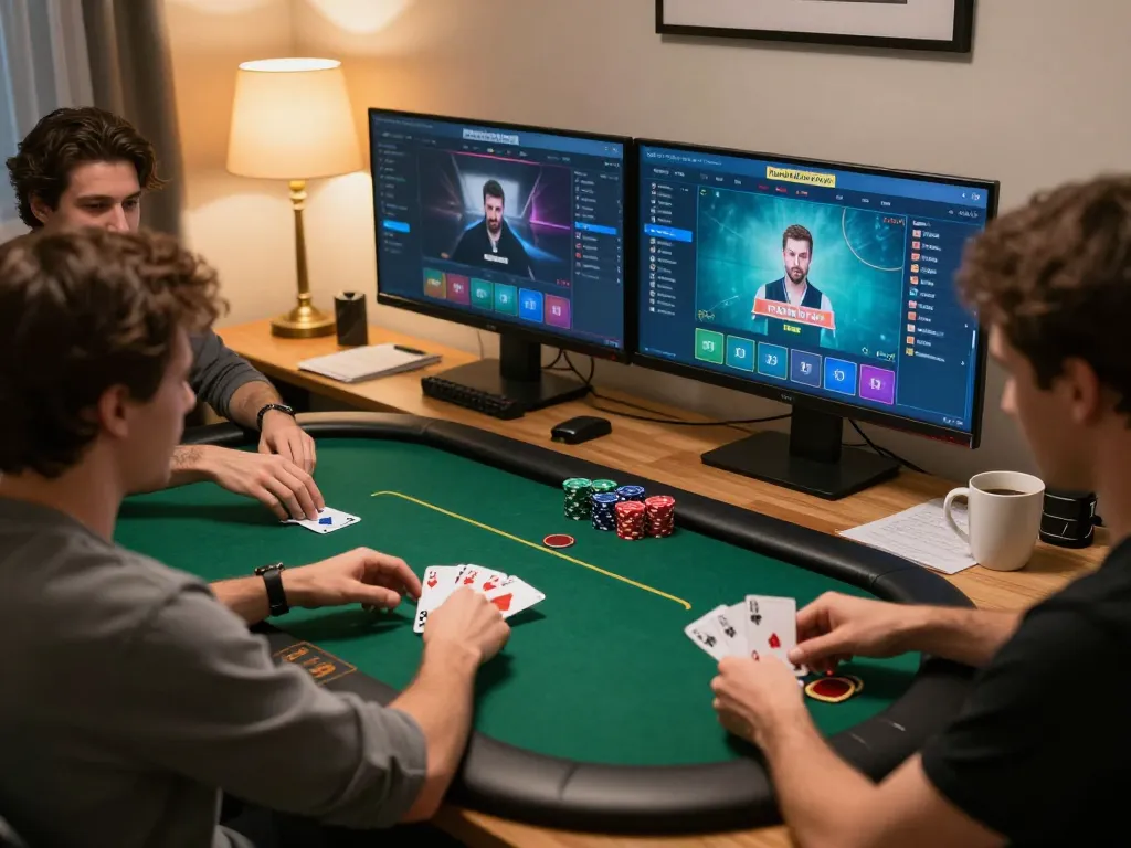 Engaging scene of players using 88xx platform for online poker, conveying interactive gaming excitement.