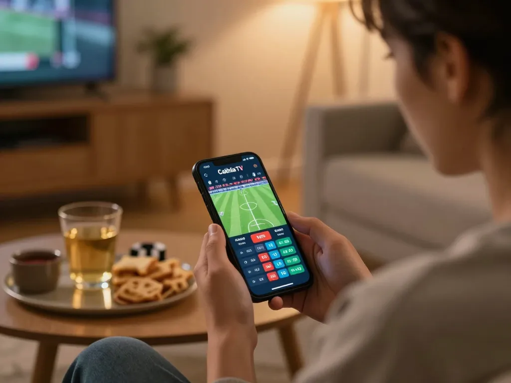 Cakhia TV user placing bets on a smartphone during a sports event in cozy home atmosphere