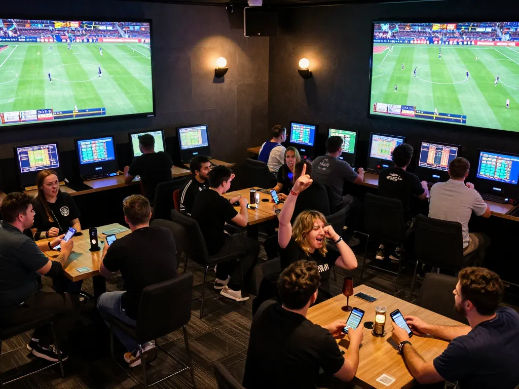 Excited bettors engaging with the 8xbet platform during a live sports event.