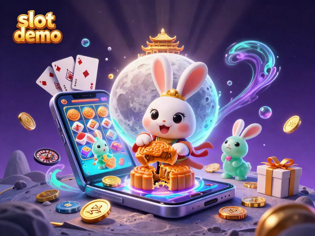 Slot demo menampilkan kelinci bulan dan teman-temannya bermain di kasino bulan yang penuh dengan koin emas.