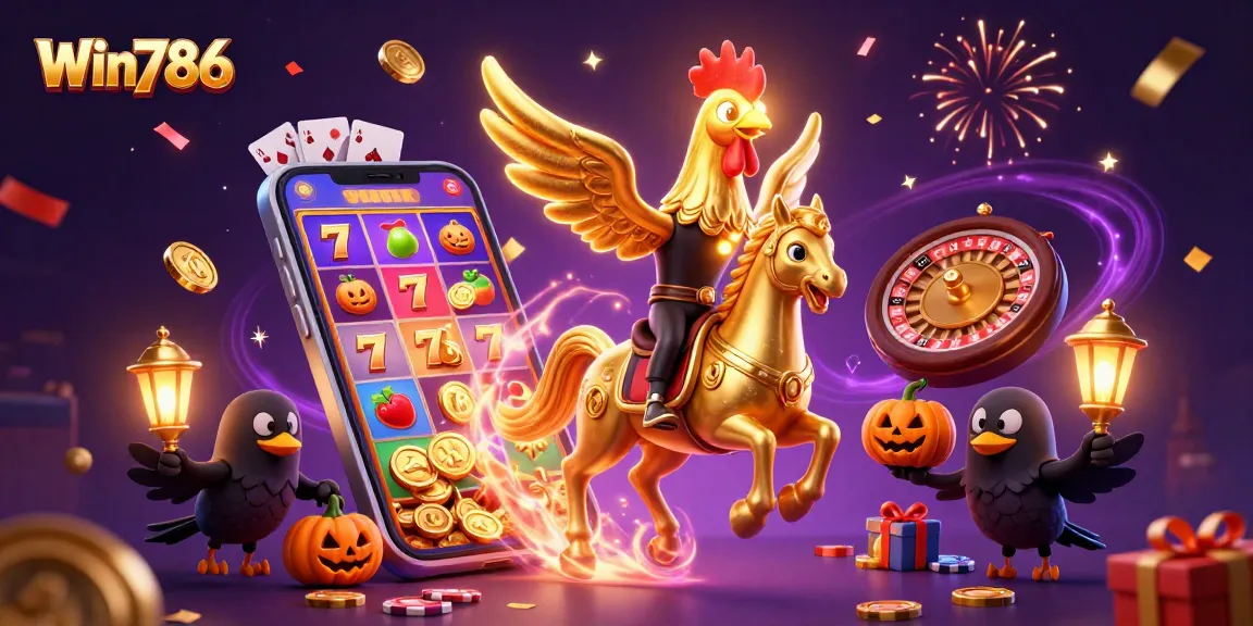 Win786 offers unique gaming experiences with a vibrant 3D illustration featuring casino elements.