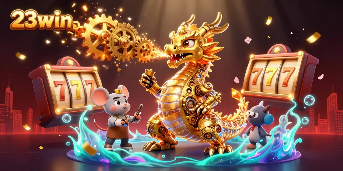 Engage with the thrilling world of 23win casino, featuring a dynamic golden dragon and exciting slot elements.