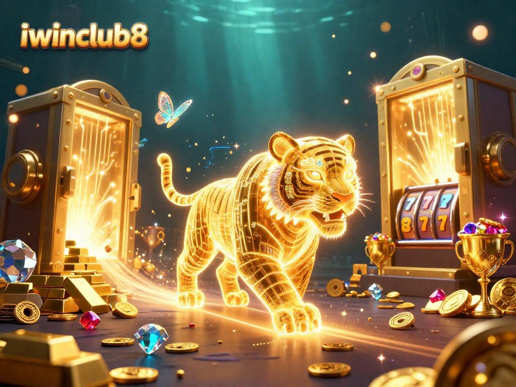 Experience vibrant gaming at iwinclub8 with a stunning 3D scene of slots and golden treasures.