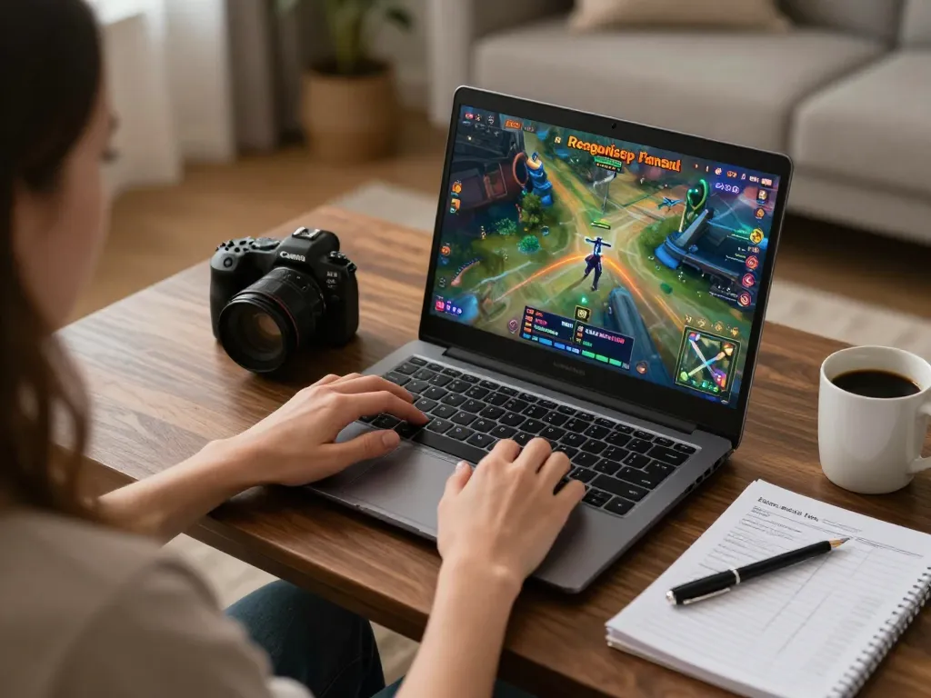Player enjoying non gamstop games on a laptop at home, showcasing responsible gambling atmosphere.