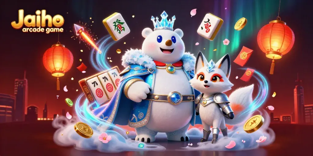 Experience the thrill of Jaiho arcade game with an icy bear and fox amidst colorful slot and casino elements.