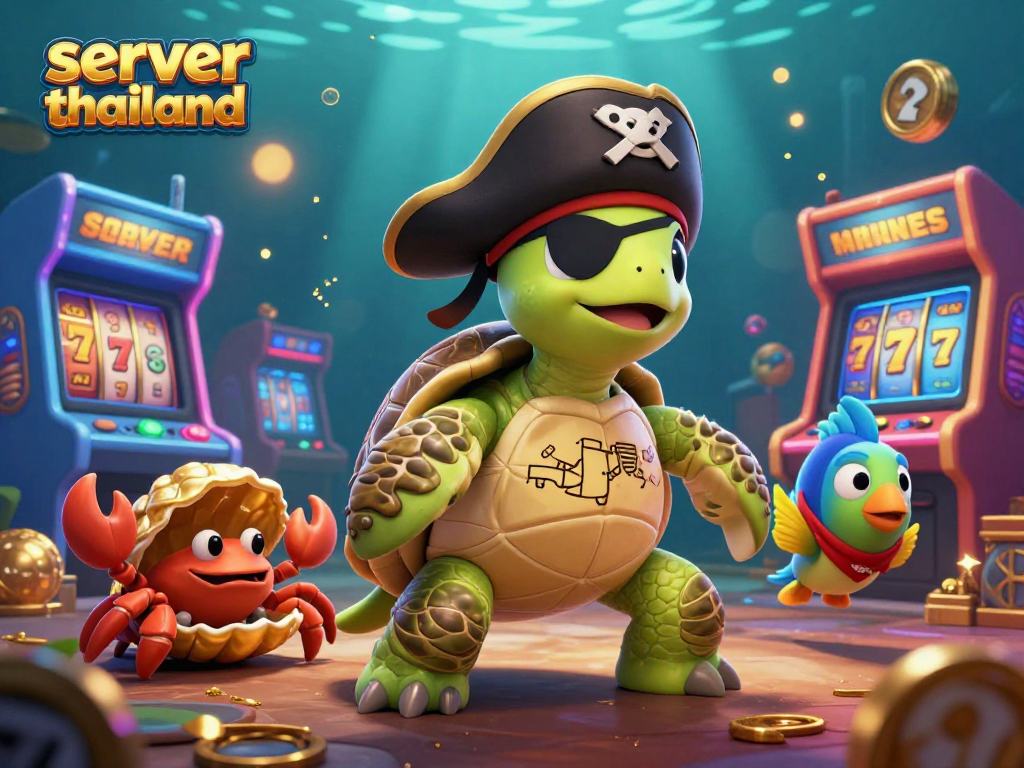 Engage with casino fun in server thailand featuring vibrant characters amidst slot reels and arcade games.