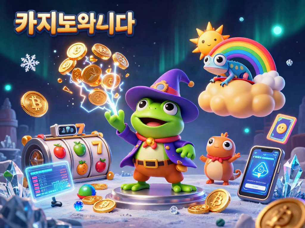 카지노사이트의 다양한 게임 요소를 담은 화려한 3D 캐릭터 일러스트.