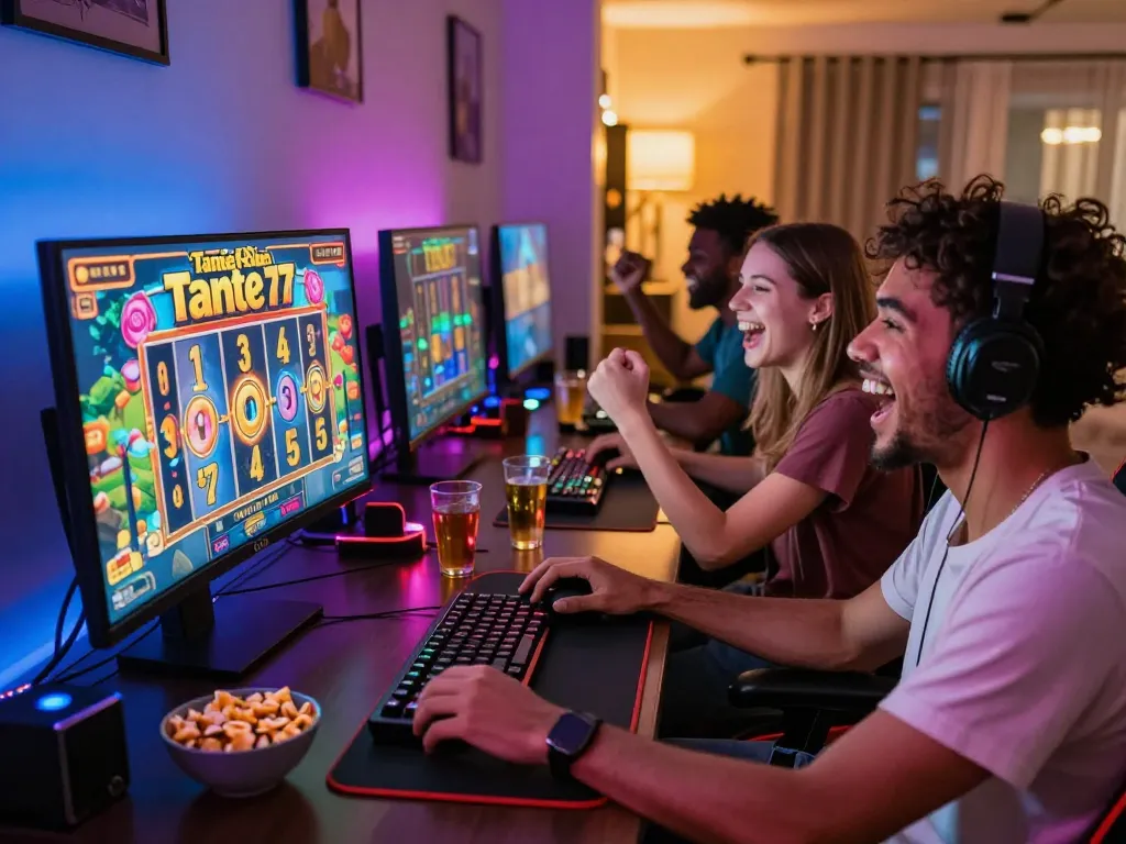 Friends celebrating a big win on the tante77 online gaming platform with vibrant atmosphere and screen graphics.