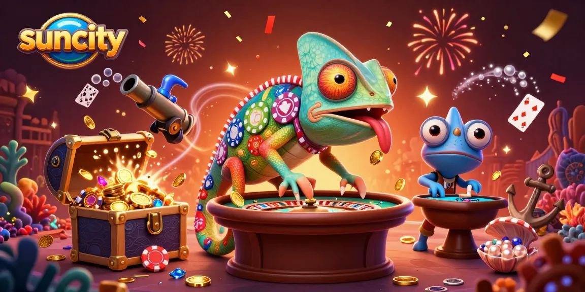 Experience thrilling gameplay at Suncity with a vibrant casino scene featuring a chameleon owner.