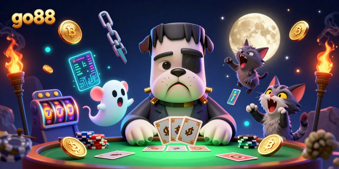 Engage with go88 at a thrilling casino scene featuring a Frankenstein bulldog dealing cards surrounded by vibrant gaming elements.
