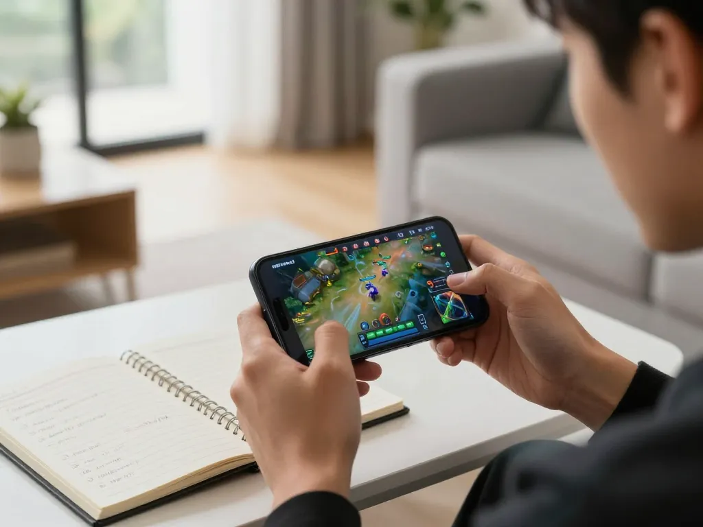 Pemain berinteraksi dengan aplikasi merah4d di smartphone dalam suasana rumah yang nyaman, menunjukkan permainan yang bertanggung jawab.