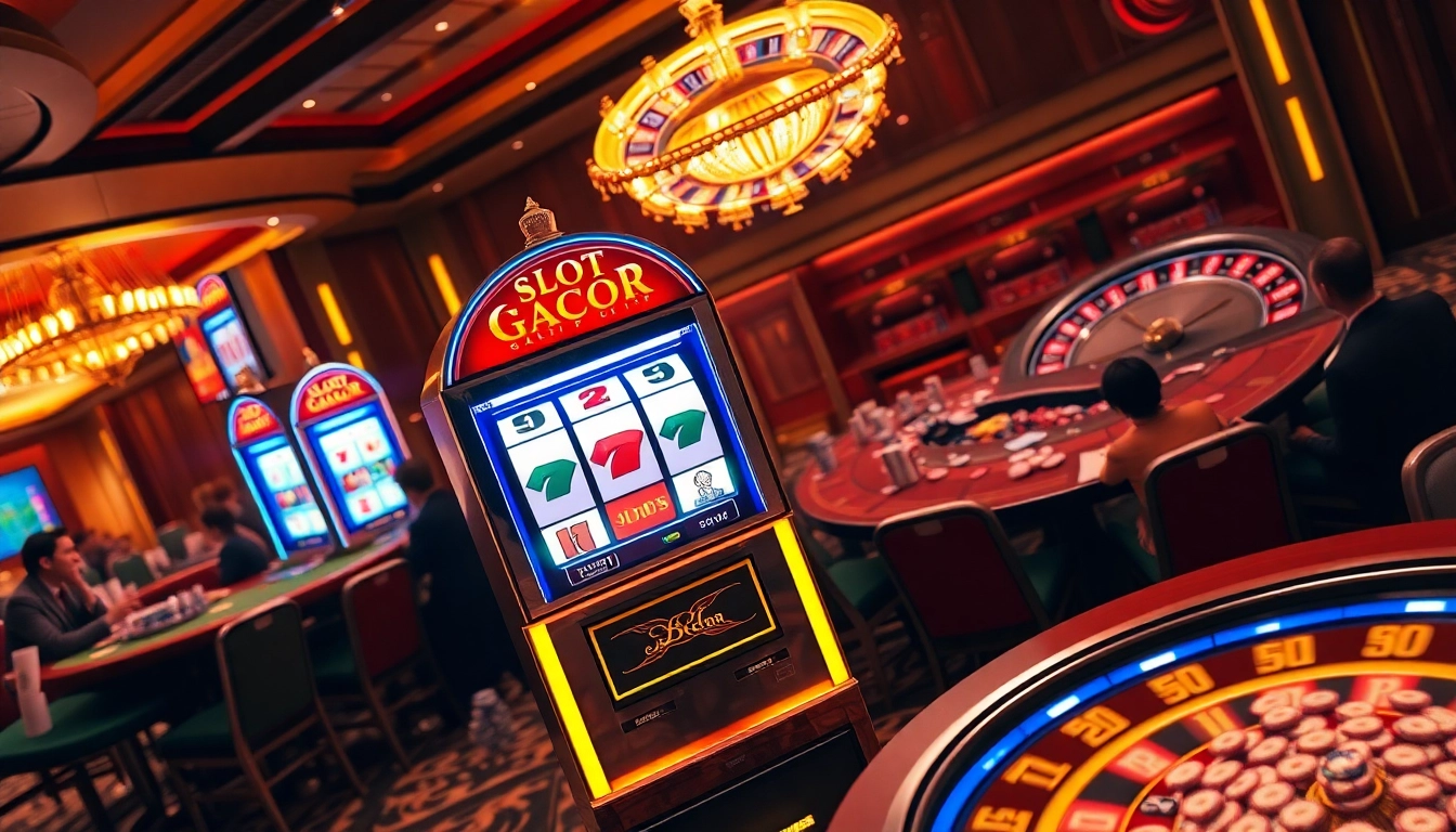 Experience the thrill of slot gacor winning at a luxurious casino with vibrant slot machines and players.