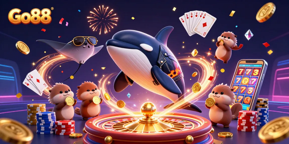 Engaging scene of Go88 with 3D whale, stingray, and otters celebrating with coins and casino elements.