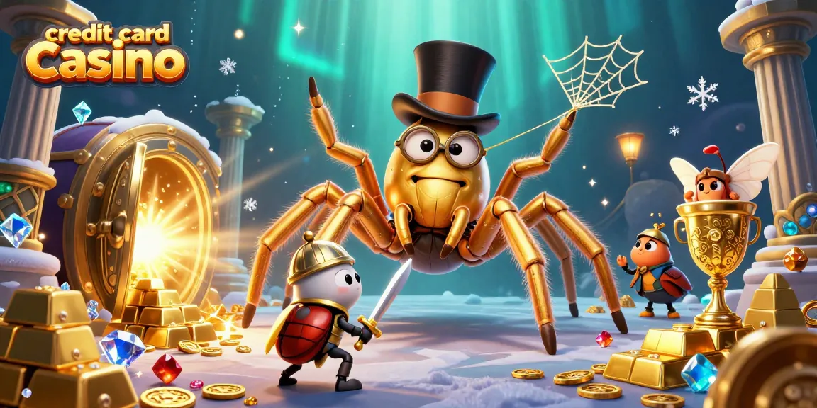 Experience the excitement of a credit card casino with a 3D illustration of a golden tarantula and brave beetle knight.
