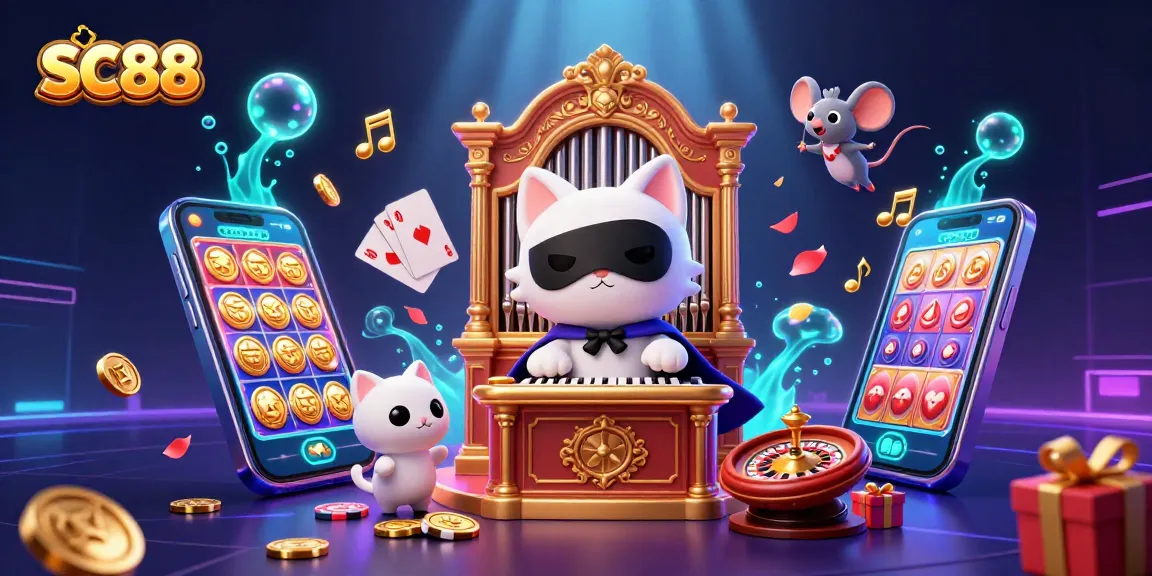 Experience SC88's thrilling slot games with a vibrant 3D casino scene featuring interactive gaming elements.