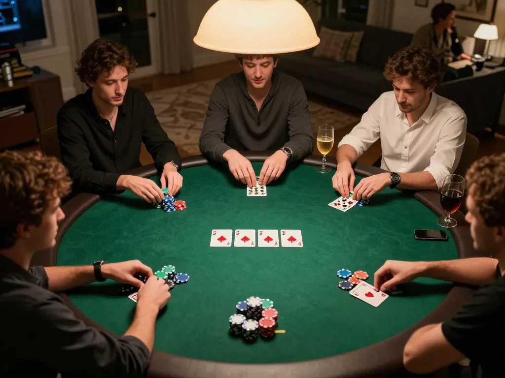 Players engaging in a lively poker game during a home night, showcasing strategic moves in 88aa gameplay.