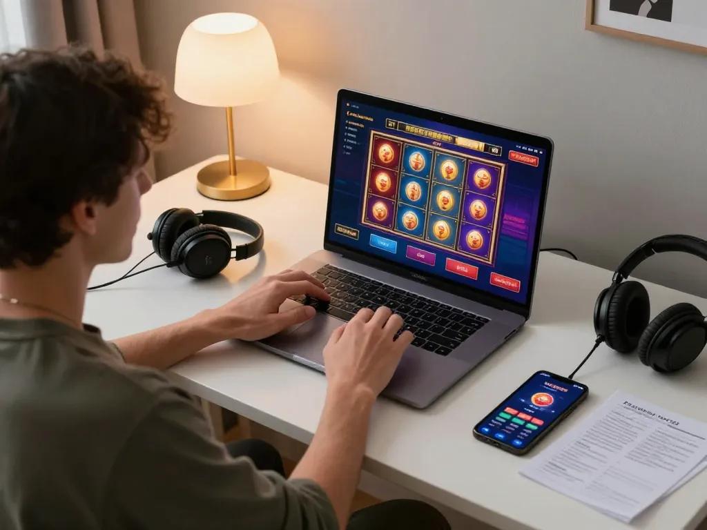 Player engaging with betbet online casino game on laptop, showcasing vibrant graphics and strategic gameplay