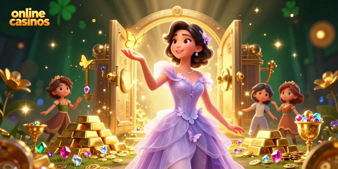 Experience online casinos with golden treasures and energetic characters in a vibrant 3D illustration.
