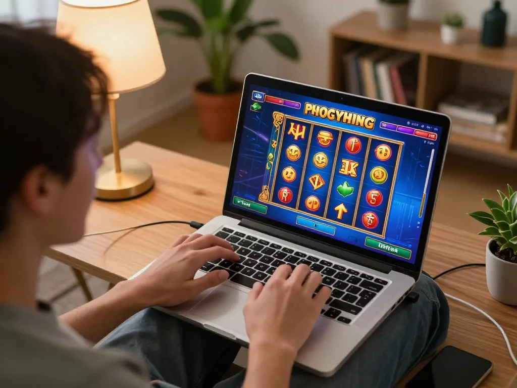Engaging gameplay experience with slot online on a laptop in a cozy home setting