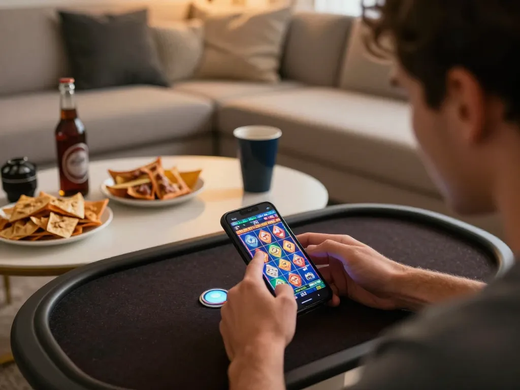 dacsandatphanrang.com player engaging in a slot game on smartphone in cozy living room, showcasing online gambling excitement